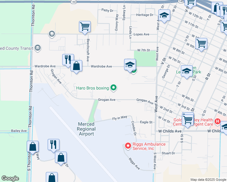 map of restaurants, bars, coffee shops, grocery stores, and more near 1851 Grogan Avenue in Merced