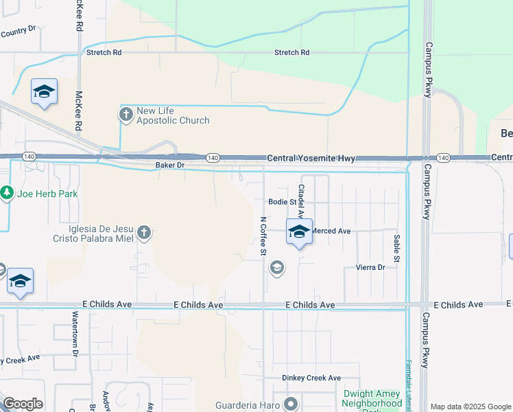 map of restaurants, bars, coffee shops, grocery stores, and more near 1725 North Coffee Street in Merced