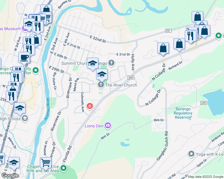 map of restaurants, bars, coffee shops, grocery stores, and more near 902 Spruce Drive in Durango
