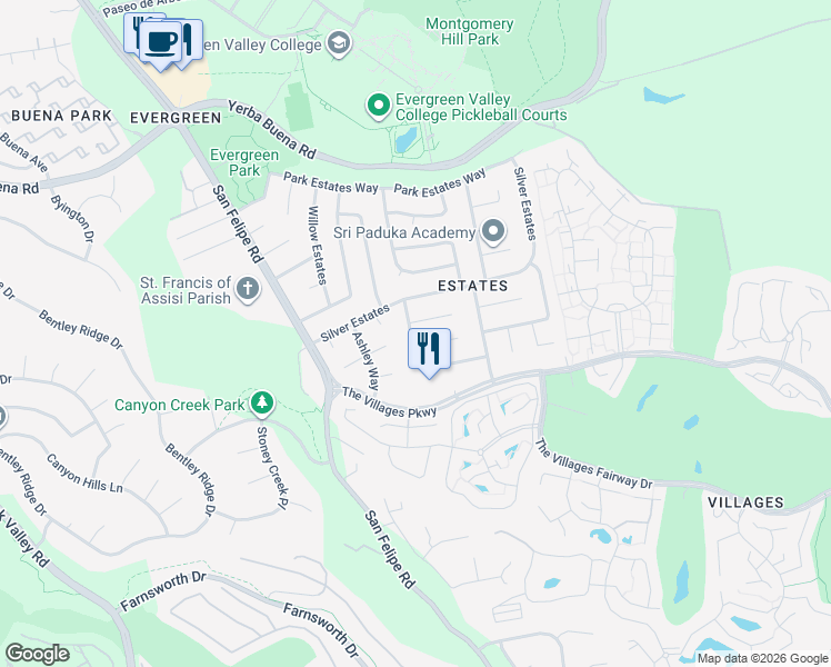 map of restaurants, bars, coffee shops, grocery stores, and more near 5263 Knights Estates in San Jose