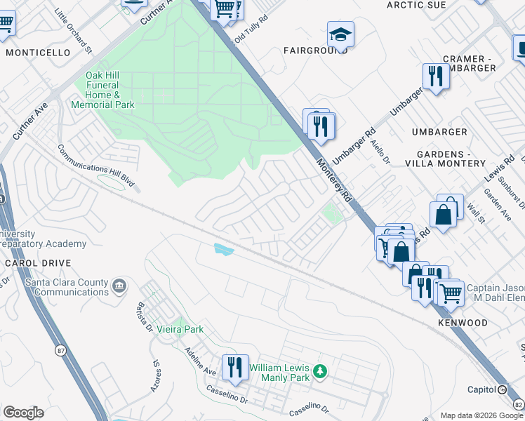 map of restaurants, bars, coffee shops, grocery stores, and more near 341 Chateau La Salle Drive in San Jose