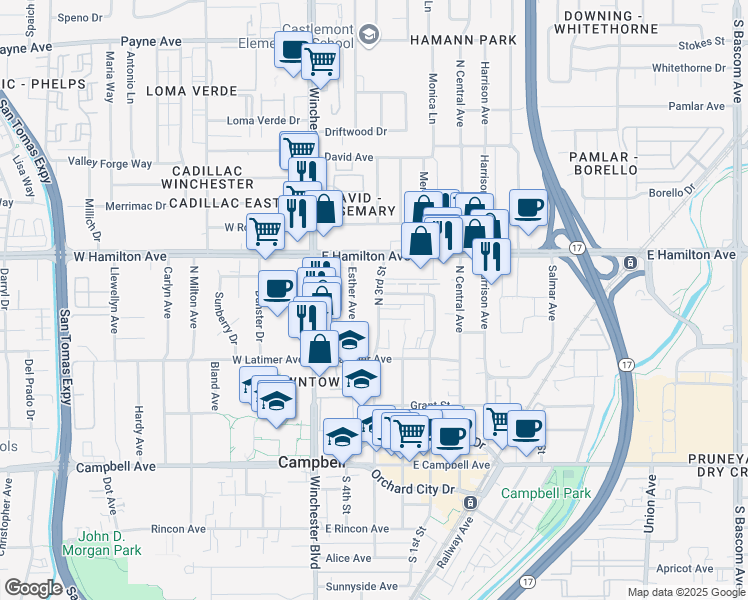 map of restaurants, bars, coffee shops, grocery stores, and more near 207 Watson Drive in Campbell