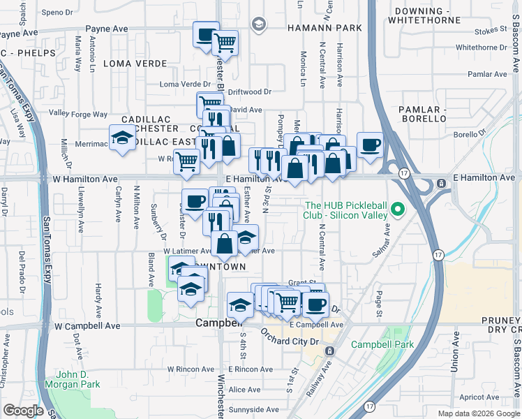 map of restaurants, bars, coffee shops, grocery stores, and more near 207 Watson Drive in Campbell