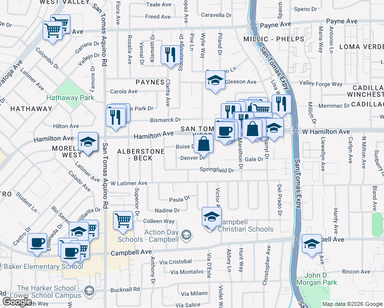 map of restaurants, bars, coffee shops, grocery stores, and more near 1116 Boise Drive in Campbell