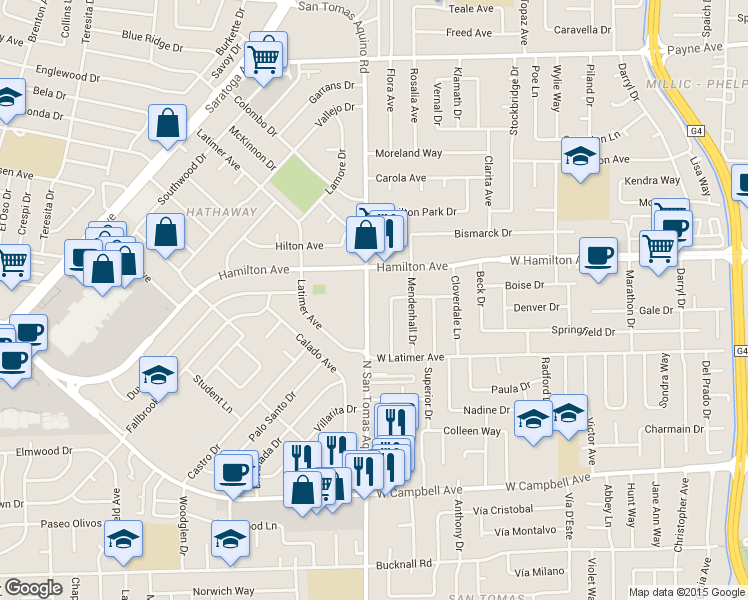 map of restaurants, bars, coffee shops, grocery stores, and more near 1631 San Tomas Aquino Road in San Jose