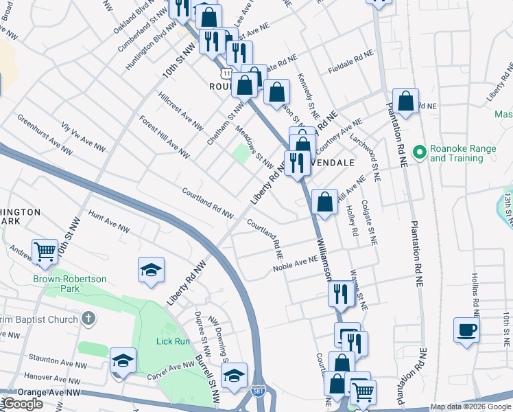 map of restaurants, bars, coffee shops, grocery stores, and more near 17 Hillcrest Ave NE in Roanoke