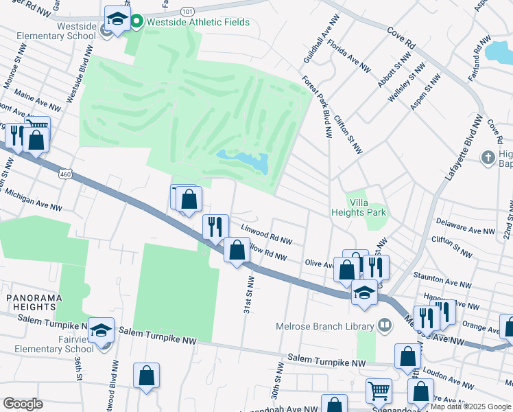 map of restaurants, bars, coffee shops, grocery stores, and more near 1100 Golfside Ave NW in Roanoke