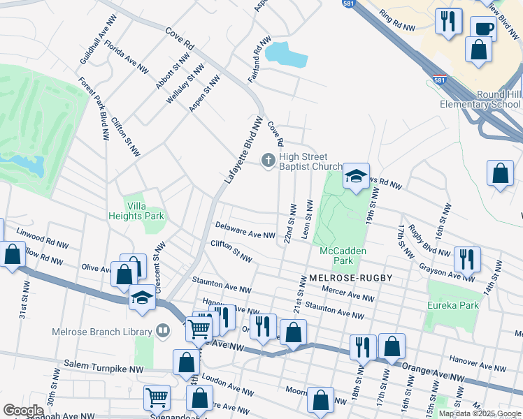 map of restaurants, bars, coffee shops, grocery stores, and more near 2321 Massachusetts Avenue Northwest in Roanoke
