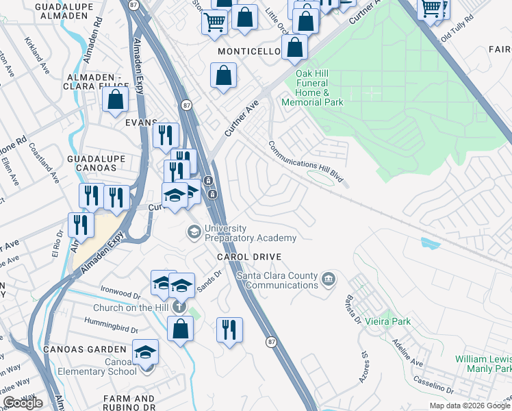 map of restaurants, bars, coffee shops, grocery stores, and more near 380 Mill Pond Drive in San Jose
