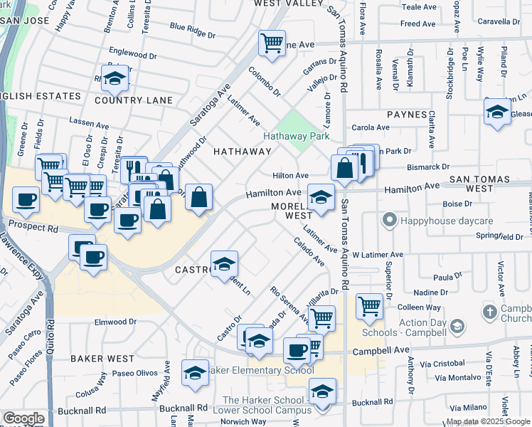 map of restaurants, bars, coffee shops, grocery stores, and more near 1612 Duvall Drive in San Jose