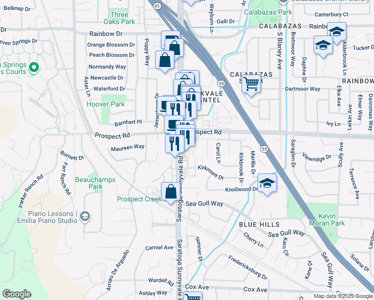 map of restaurants, bars, coffee shops, grocery stores, and more near 12133 Atrium Drive in Saratoga