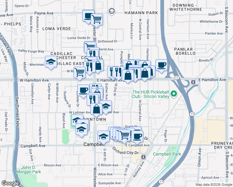 map of restaurants, bars, coffee shops, grocery stores, and more near 207 Watson Drive in Campbell