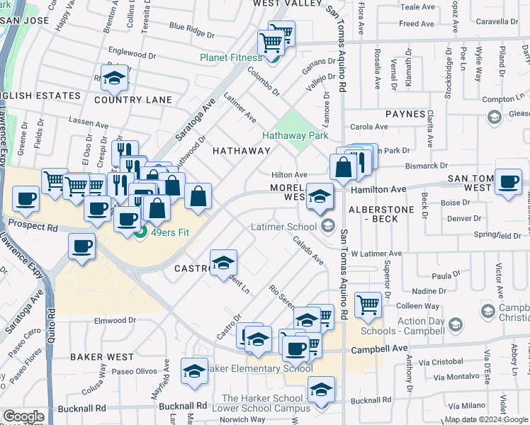 map of restaurants, bars, coffee shops, grocery stores, and more near 1612 Duvall Drive in San Jose