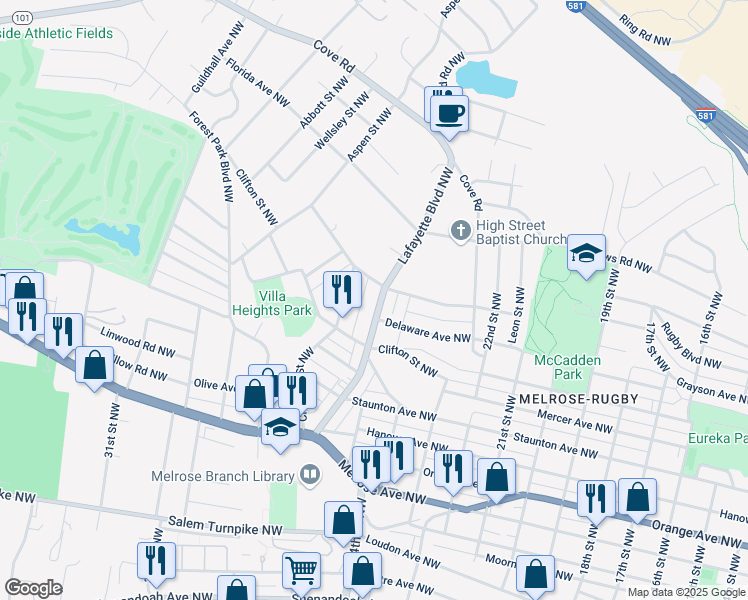 map of restaurants, bars, coffee shops, grocery stores, and more near 1318 Lafayette Boulevard Northwest in Roanoke