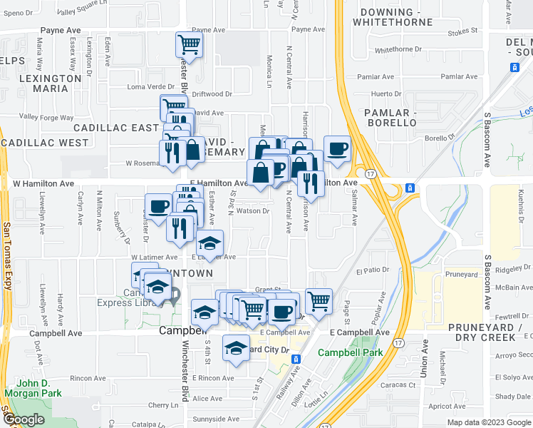 map of restaurants, bars, coffee shops, grocery stores, and more near 381 North 1st Street in Campbell