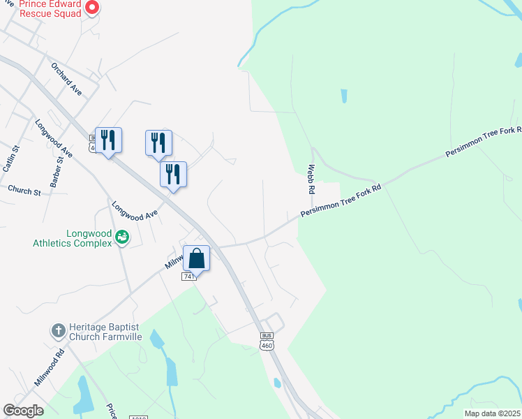 map of restaurants, bars, coffee shops, grocery stores, and more near 1607 Noblin Drive in Farmville