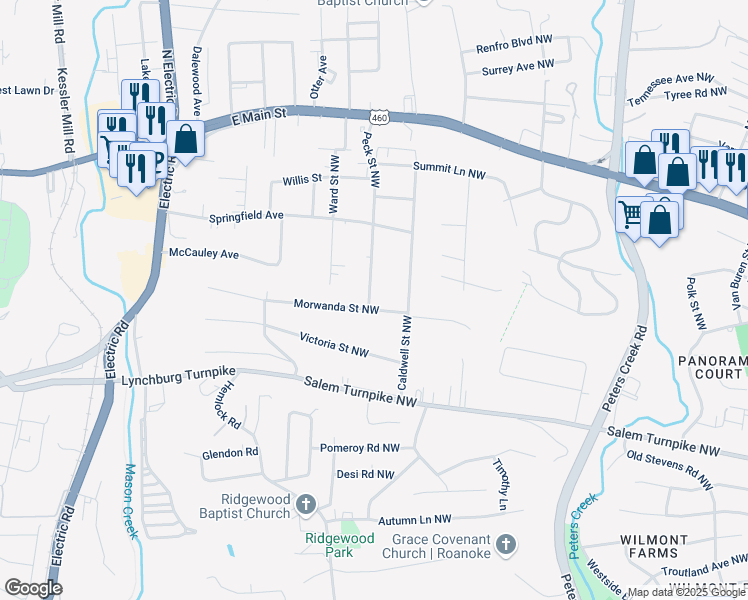map of restaurants, bars, coffee shops, grocery stores, and more near 5025 Morwanda Avenue Northwest in Roanoke