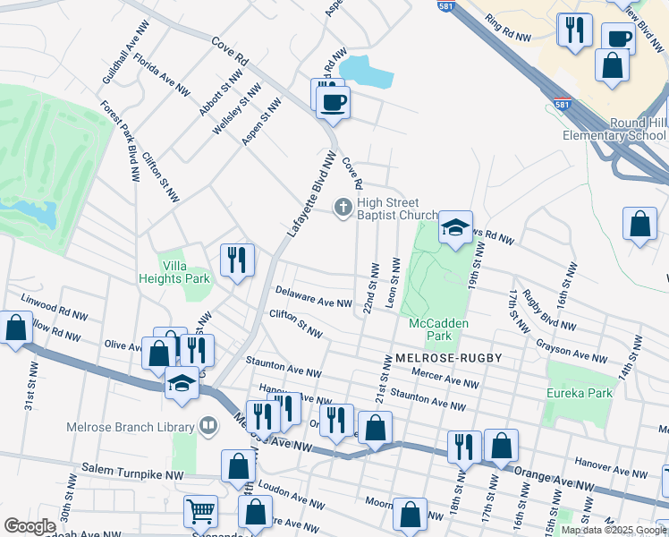 map of restaurants, bars, coffee shops, grocery stores, and more near 2321 Massachusetts Avenue Northwest in Roanoke
