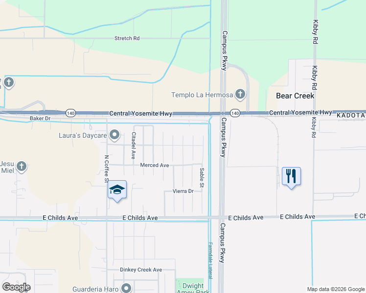 map of restaurants, bars, coffee shops, grocery stores, and more near 306 Ostrander Avenue in Merced
