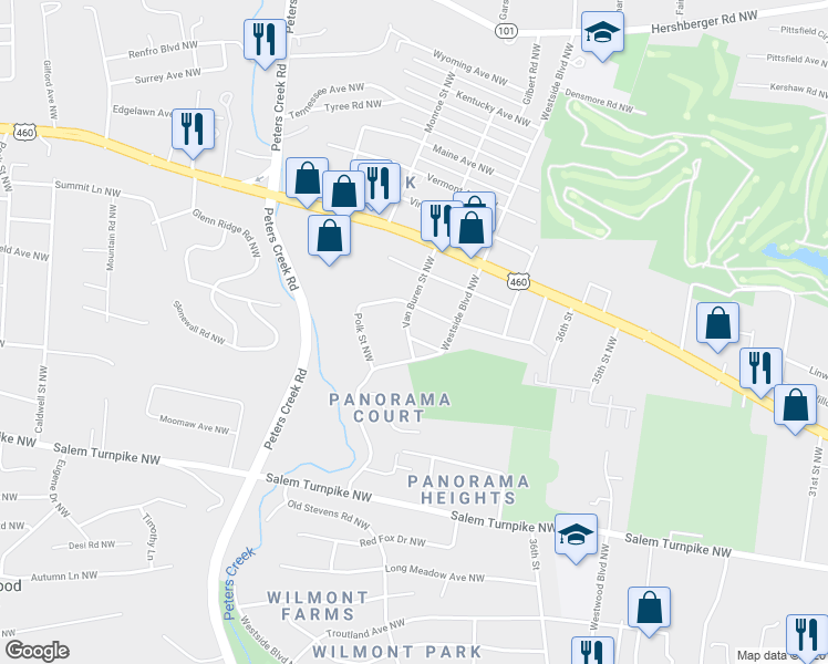 map of restaurants, bars, coffee shops, grocery stores, and more near 3931 Tyler Avenue Northwest in Roanoke