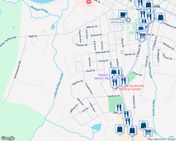 map of restaurants, bars, coffee shops, grocery stores, and more near 1004 Hurd Street in Farmville