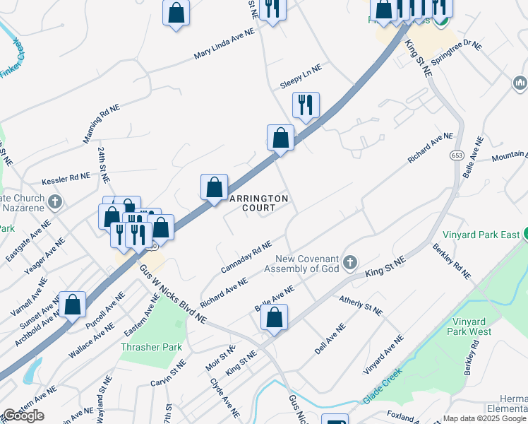 map of restaurants, bars, coffee shops, grocery stores, and more near 2804 Arrington Drive Northeast in Roanoke