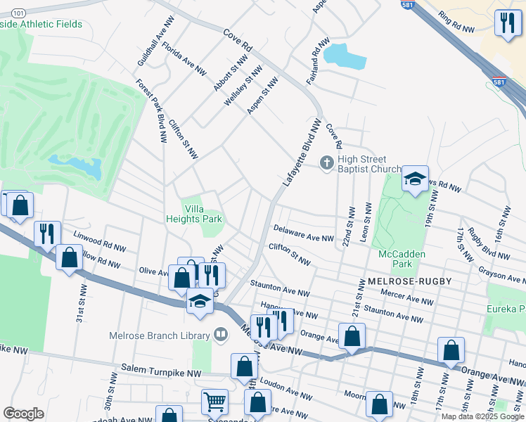 map of restaurants, bars, coffee shops, grocery stores, and more near 1318 Lafayette Boulevard Northwest in Roanoke