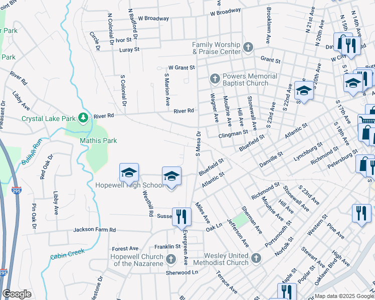 map of restaurants, bars, coffee shops, grocery stores, and more near 301 Sunset Circle in Hopewell
