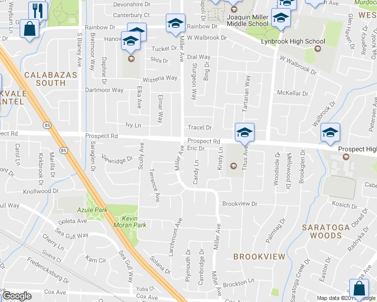 map of restaurants, bars, coffee shops, grocery stores, and more near 19518 Eric Drive in Saratoga