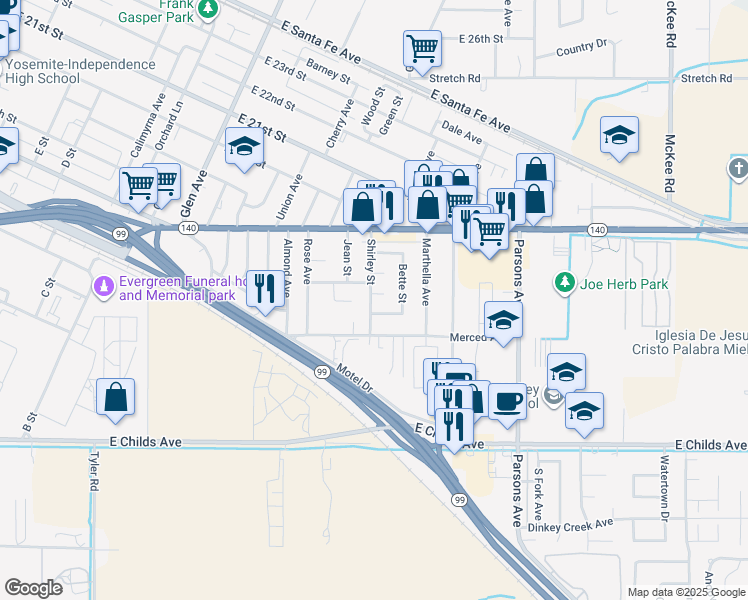 map of restaurants, bars, coffee shops, grocery stores, and more near 1640 Shirley Street in Merced