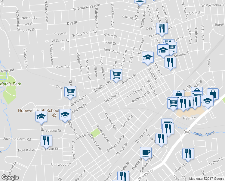 map of restaurants, bars, coffee shops, grocery stores, and more near 2308 Atlantic Street in Hopewell