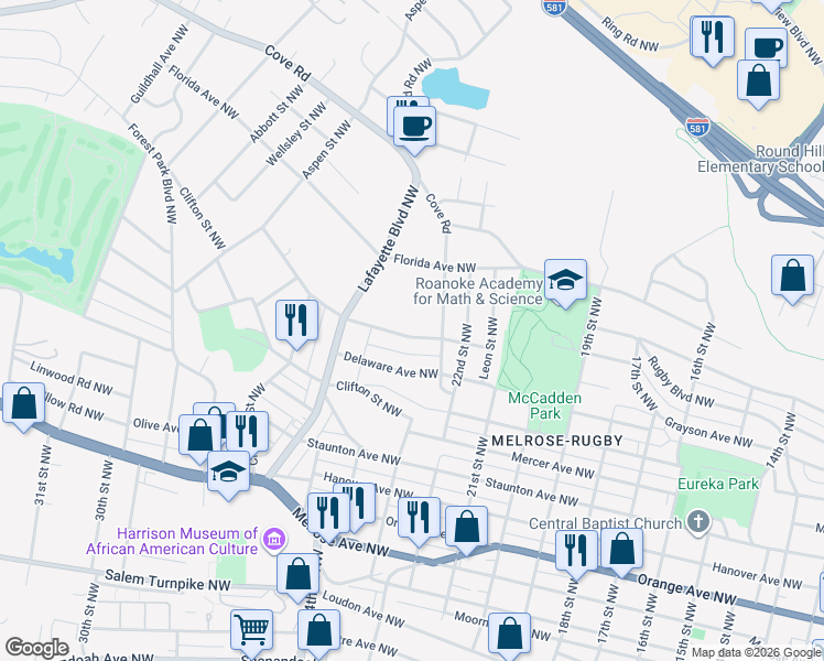 map of restaurants, bars, coffee shops, grocery stores, and more near 2401 Massachusetts Avenue Northwest in Roanoke