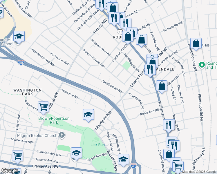 map of restaurants, bars, coffee shops, grocery stores, and more near 2814 Courtland Rd NW in Roanoke