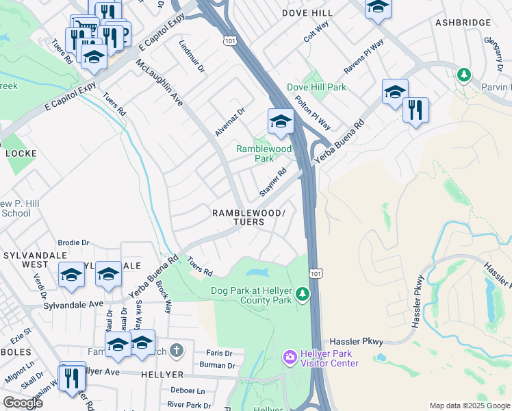 map of restaurants, bars, coffee shops, grocery stores, and more near 1238 Stayner Road in San Jose