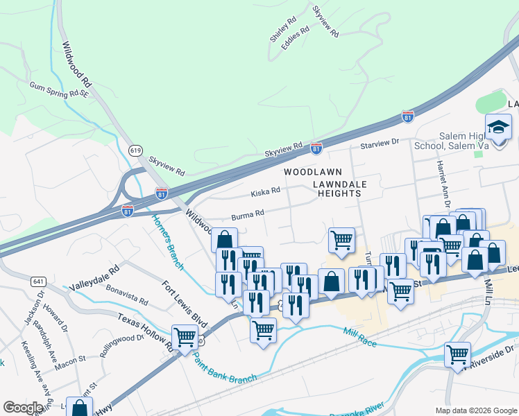 map of restaurants, bars, coffee shops, grocery stores, and more near 1938 Burma Road in Salem