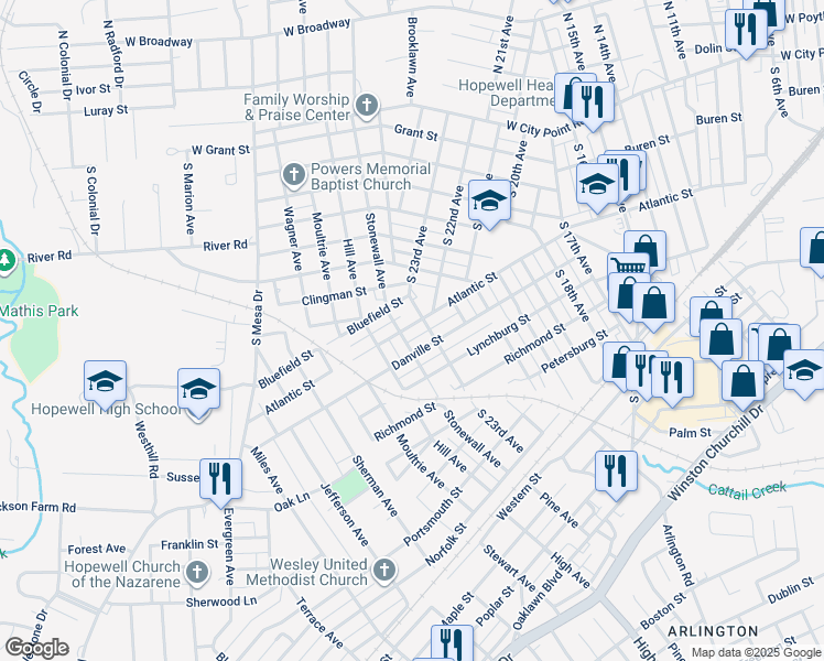 map of restaurants, bars, coffee shops, grocery stores, and more near 2308 Atlantic Street in Hopewell