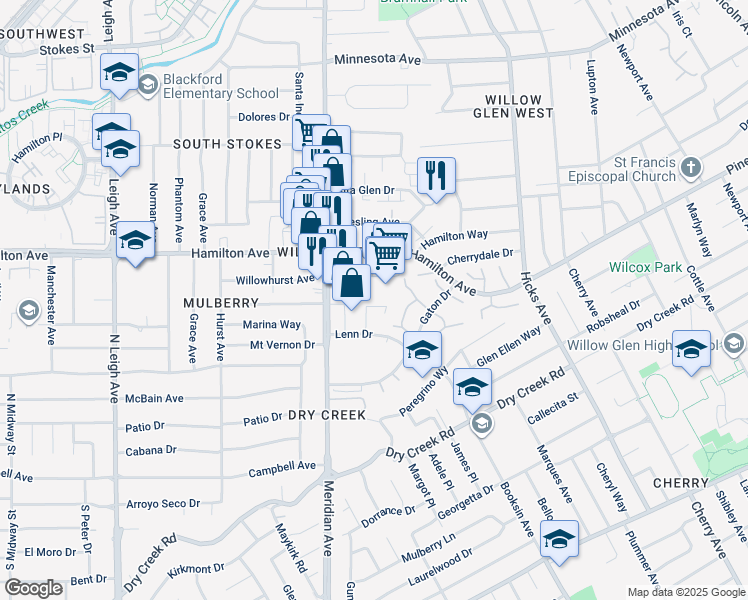 map of restaurants, bars, coffee shops, grocery stores, and more near 1735 Whispering Willow Place in San Jose