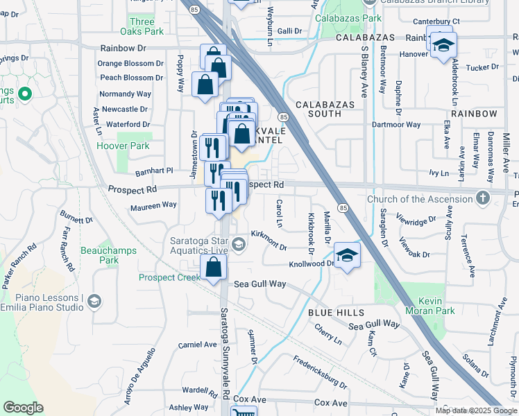 map of restaurants, bars, coffee shops, grocery stores, and more near 12099 Natoma Court in Saratoga