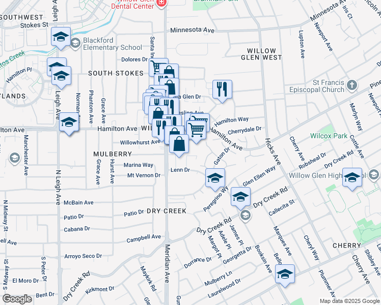 map of restaurants, bars, coffee shops, grocery stores, and more near 1735 Whispering Willow Place in San Jose