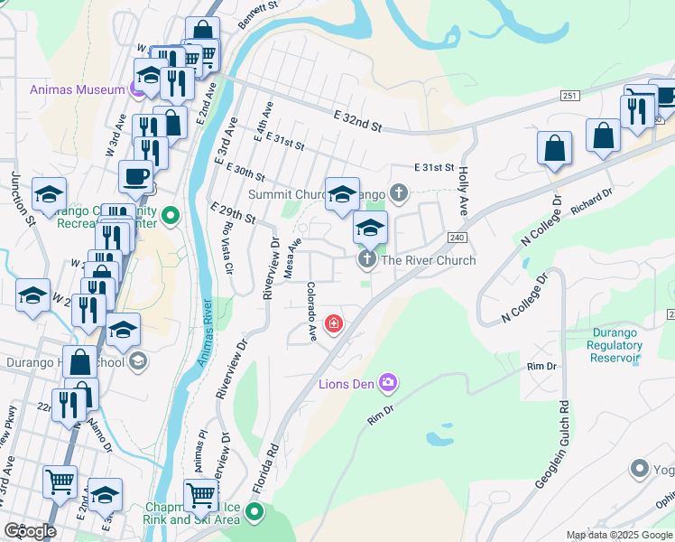 map of restaurants, bars, coffee shops, grocery stores, and more near 2710 New Mexico Avenue in Durango