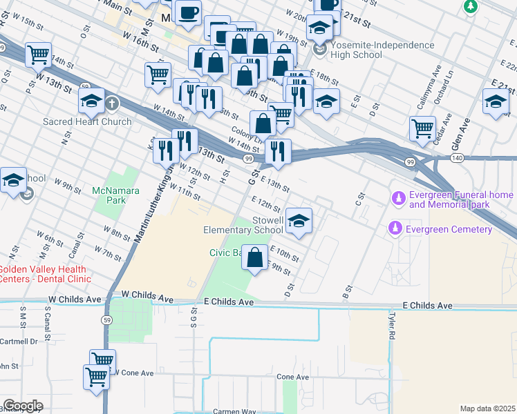 map of restaurants, bars, coffee shops, grocery stores, and more near 20 East 12th Street in Merced
