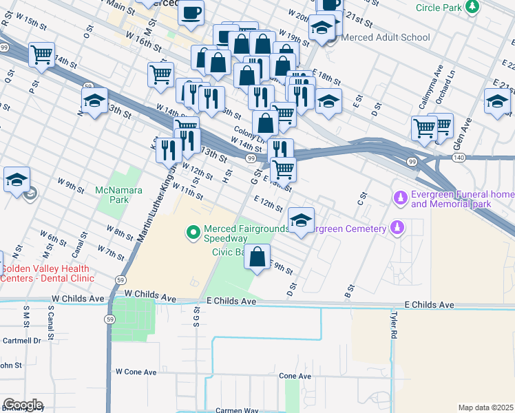 map of restaurants, bars, coffee shops, grocery stores, and more near 20 East 12th Street in Merced