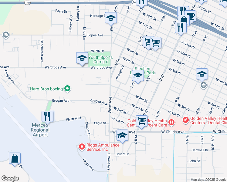 map of restaurants, bars, coffee shops, grocery stores, and more near 343 West Avenue in Merced