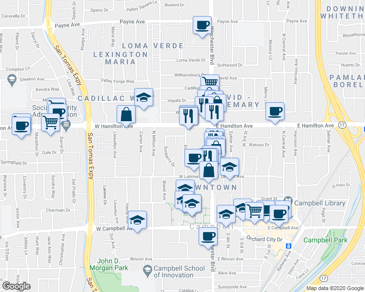map of restaurants, bars, coffee shops, grocery stores, and more near 400 Lawndale Avenue in Campbell