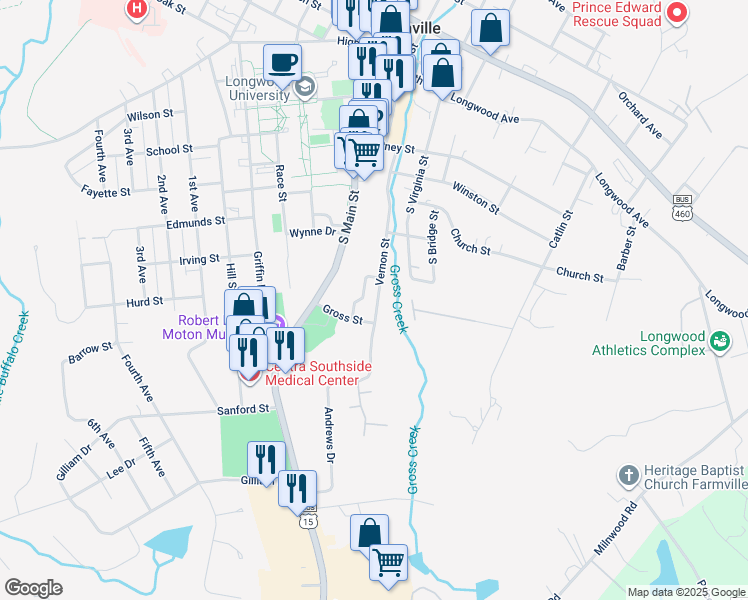 map of restaurants, bars, coffee shops, grocery stores, and more near 704 Vernon Street in Farmville