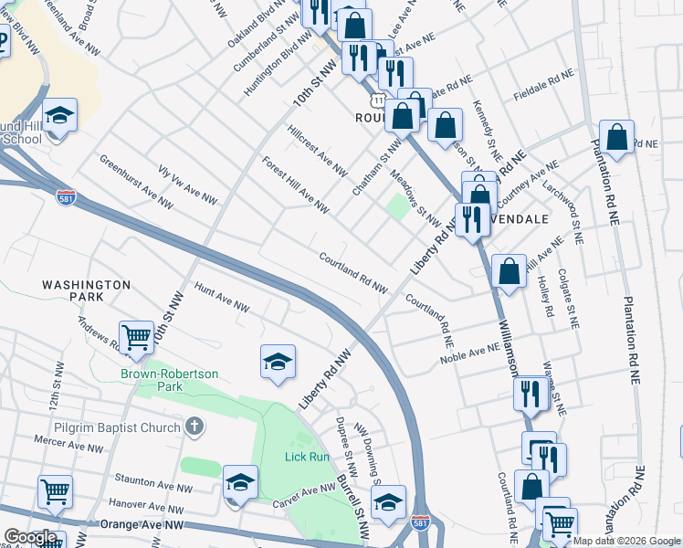 map of restaurants, bars, coffee shops, grocery stores, and more near 2814 Courtland Rd NW in Roanoke