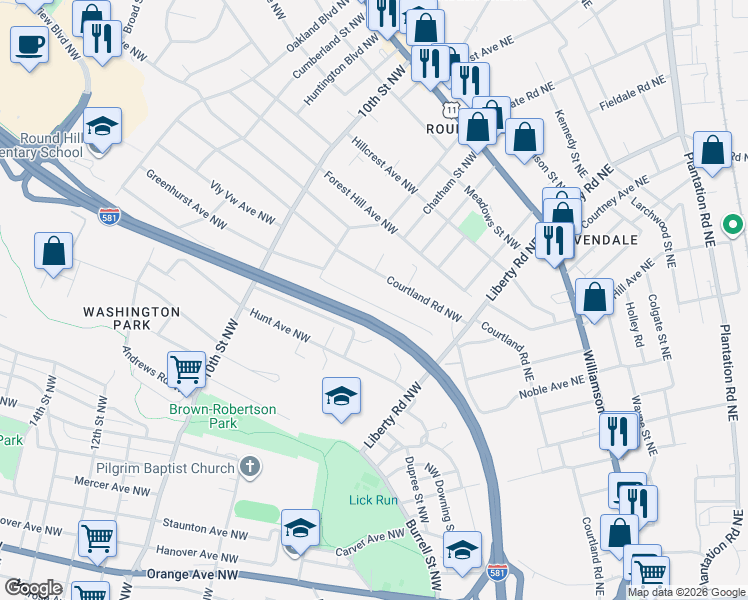map of restaurants, bars, coffee shops, grocery stores, and more near 751 Queen Avenue Northwest in Roanoke