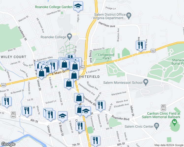map of restaurants, bars, coffee shops, grocery stores, and more near 523 East Burwell Street in Salem