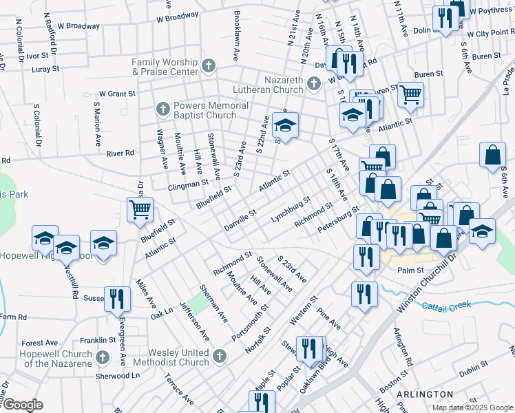 map of restaurants, bars, coffee shops, grocery stores, and more near 2215 Danville Street in Hopewell