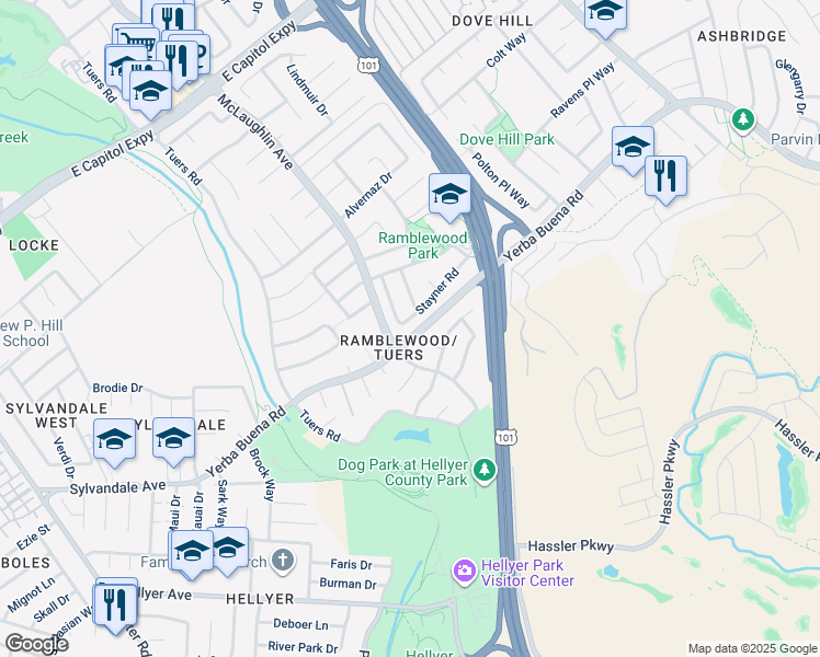 map of restaurants, bars, coffee shops, grocery stores, and more near 1238 Stayner Road in San Jose